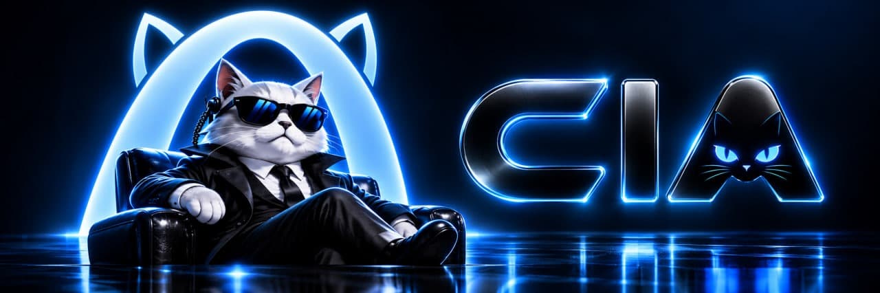 The CIA agent cat, in sunglasses and a black suit, reclining in a leather chair beneath a glowing ARC arch beside the CIA wordmark